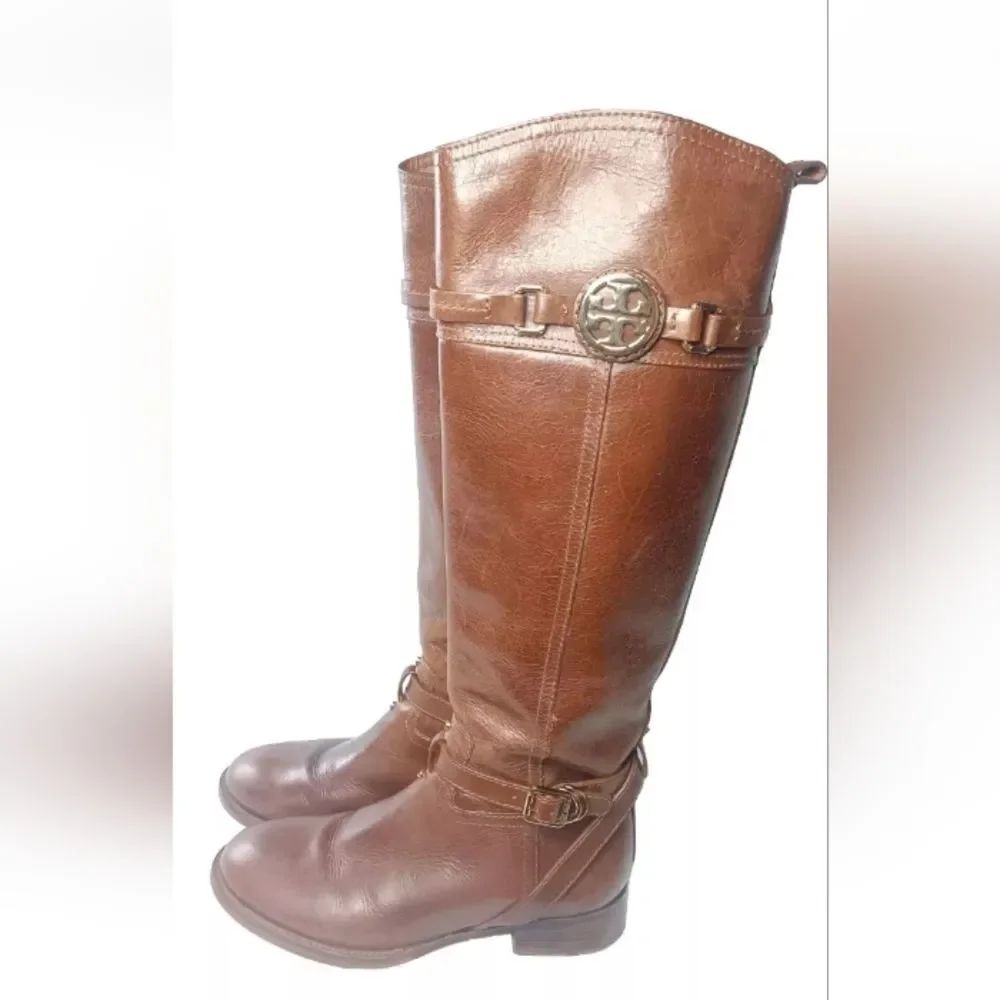 Tory Burch Calista Riding Boot Size 5.5 Cognac Brown Leather Retail $495